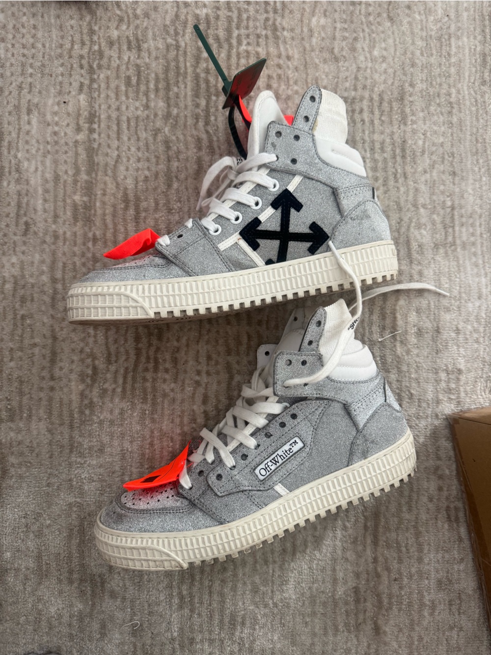 Off-White sparkly High-Top Sneakers with Black Arrow and Neon Orange Tag